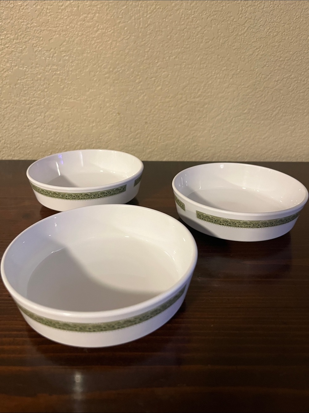 Vintage Corningware White Ceramic Bowls with Green Avocado Deco Band - Set of 3